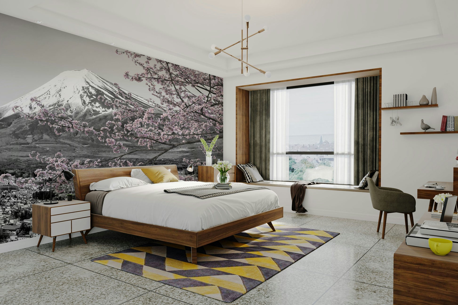 Scenic Japan wall mural featuring Fuji and spring blooms

