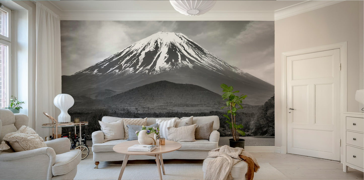Lake Shoji wall mural with Mount Fuji in background

