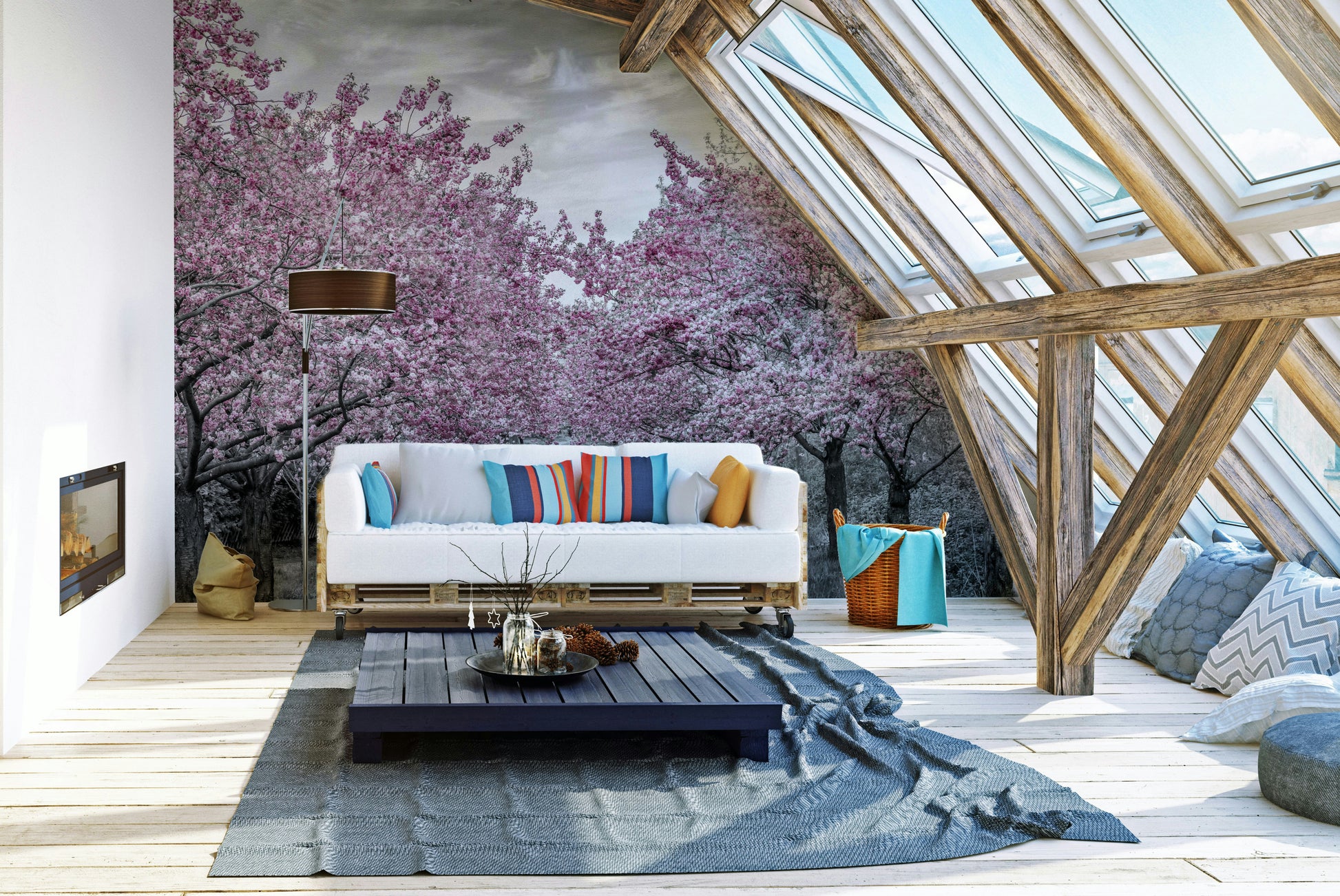 Cherry trees lining a quiet path in pink bloom wallpaper

