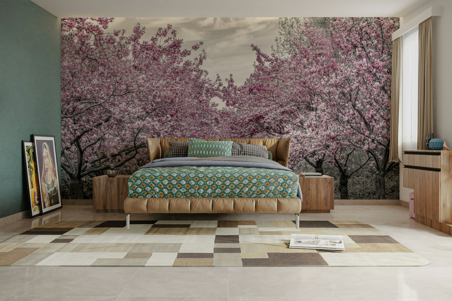 Mural of a calm path filled with cherry flowers

