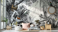 Lush black-and-white jungle mural wallpaper for sophisticated spaces.

