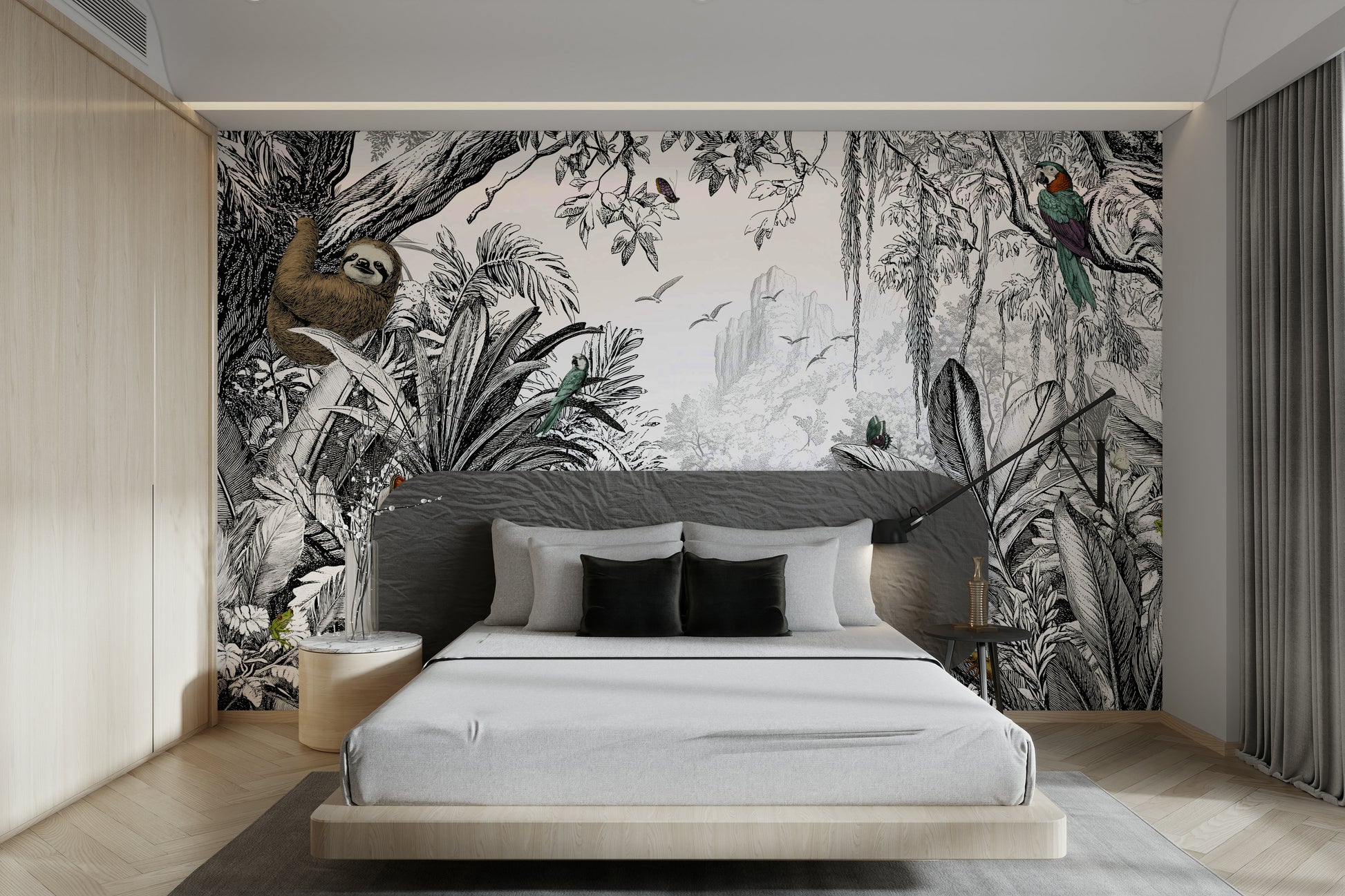 Jungle Vista black-and-white mural for a bold, nature-inspired room.

