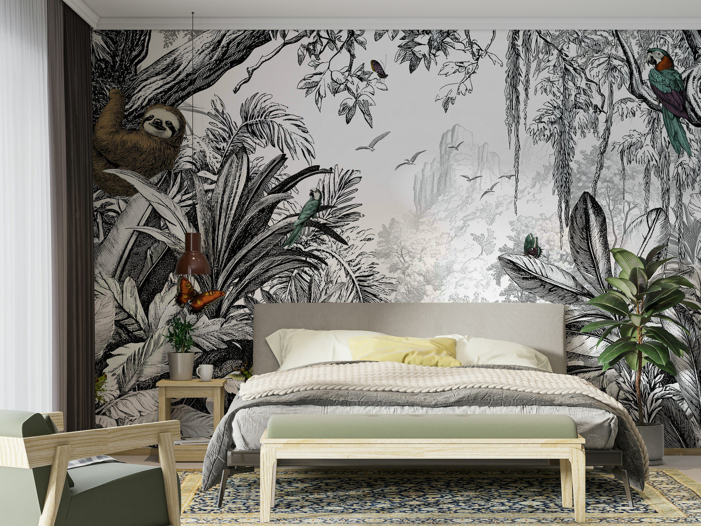 Monochrome jungle mural wallpaper with black and white tones.

