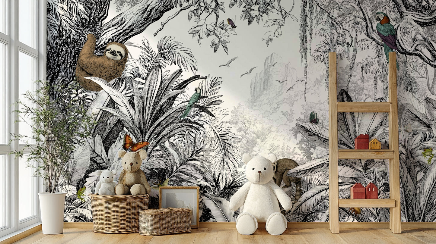 Intricate jungle foliage in black and white for modern interiors.

