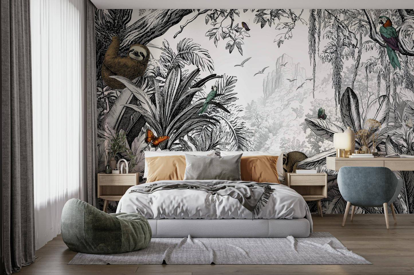 Sleek black-and-white jungle mural for a dramatic home design.

