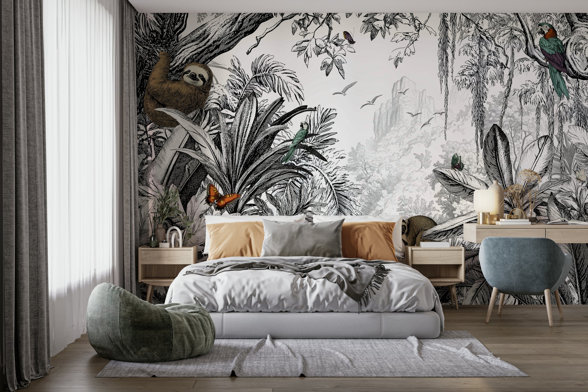 Sleek black-and-white jungle mural for a dramatic home design.

