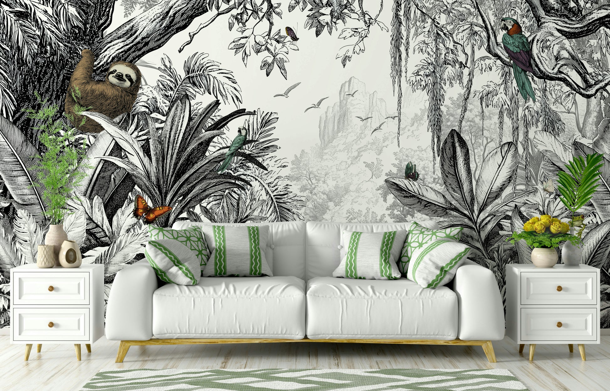 Jungle Vista - Black & White Wall Mural featuring lush jungle foliage.

