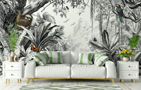 Jungle Vista - Black & White Wall Mural featuring lush jungle foliage.

