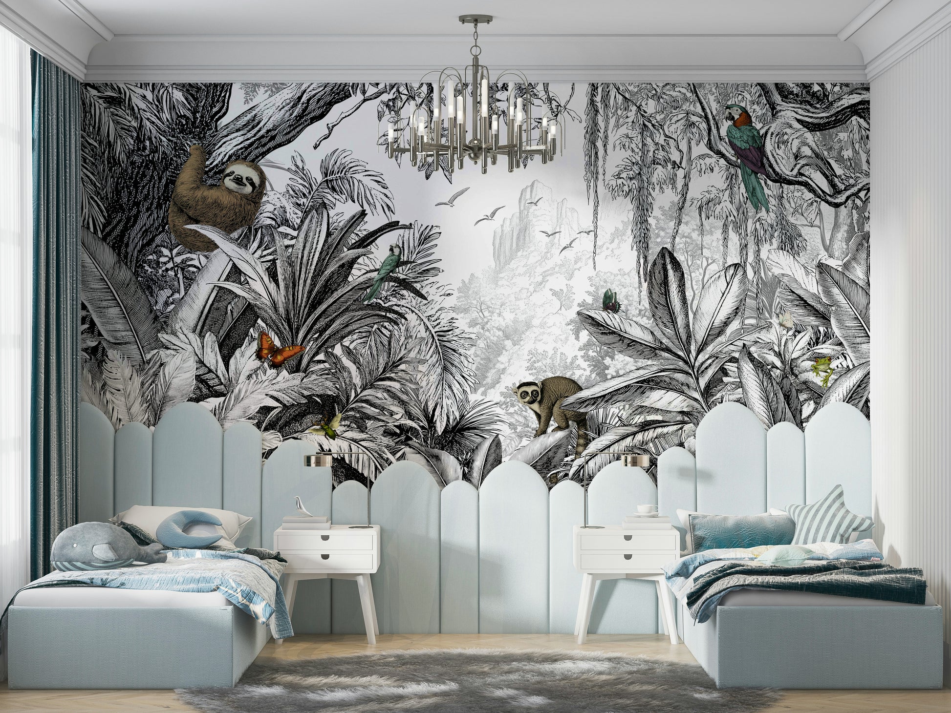 Jungle-inspired wall mural in striking black and white hues.

