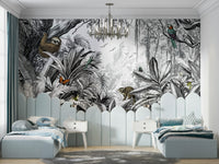 Jungle-inspired wall mural in striking black and white hues.

