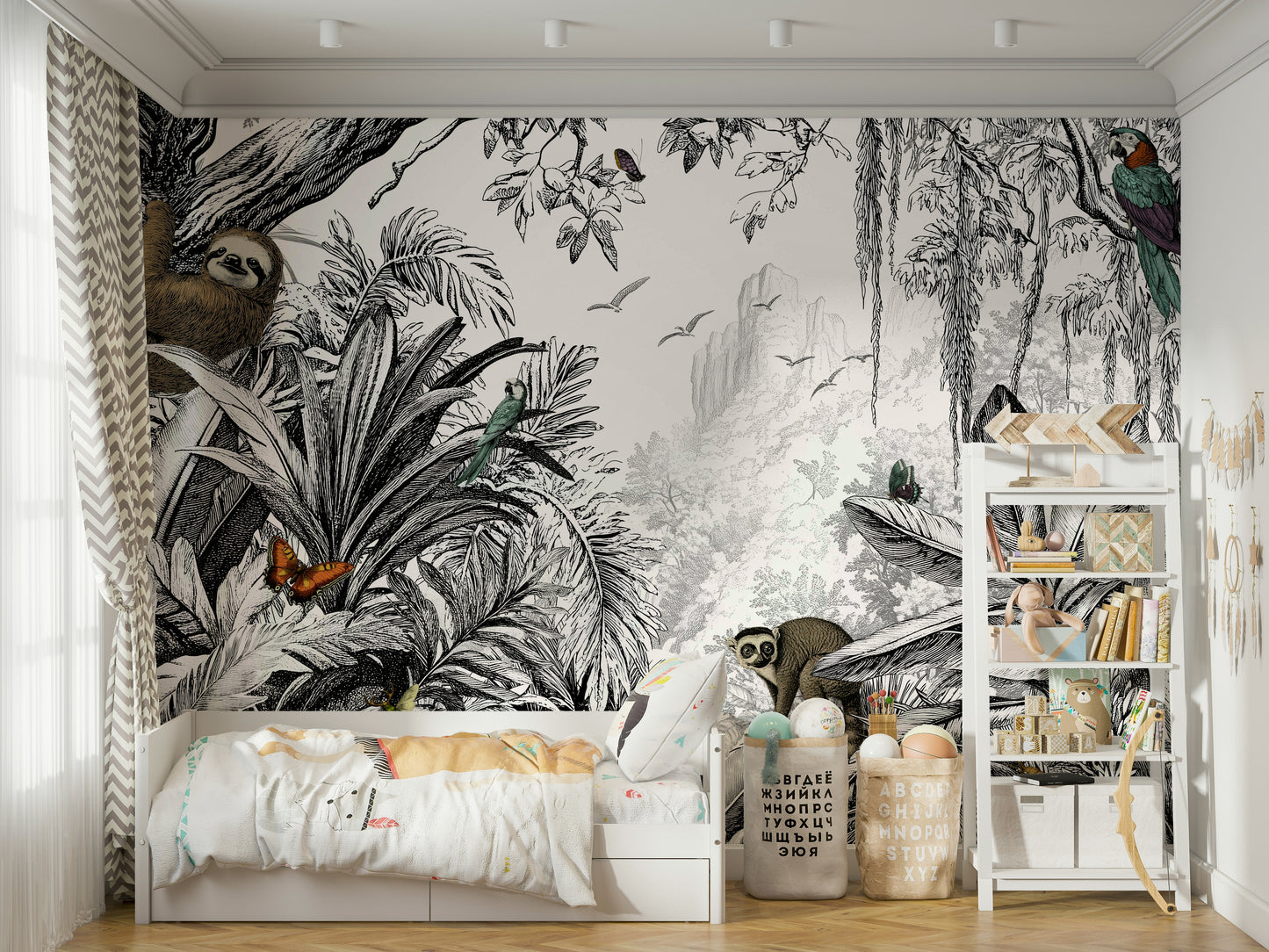 Black and white foliage design mural for a contemporary room.

