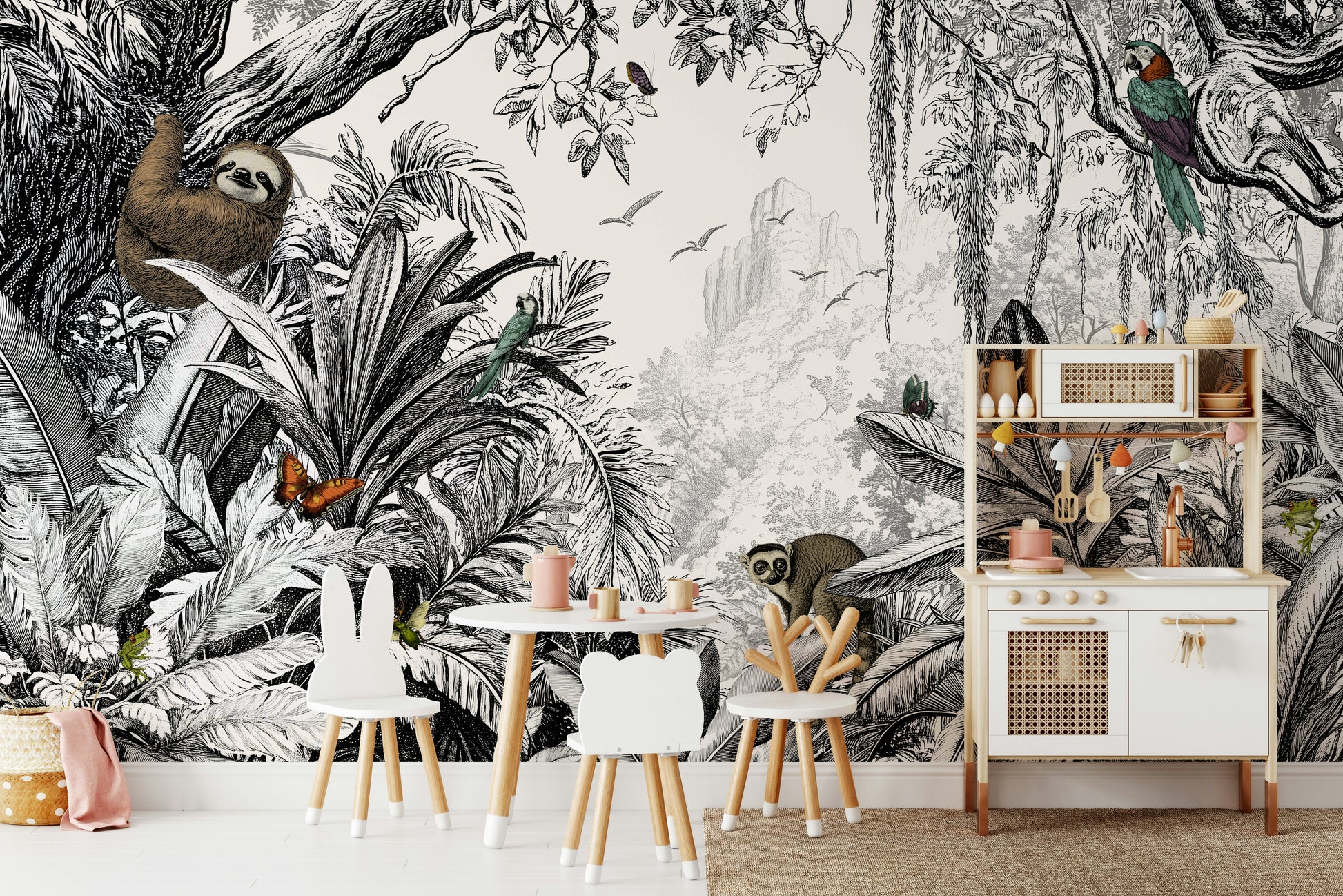 High-contrast black and white jungle mural for dramatic room decor.

