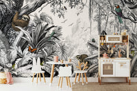 High-contrast black and white jungle mural for dramatic room decor.

