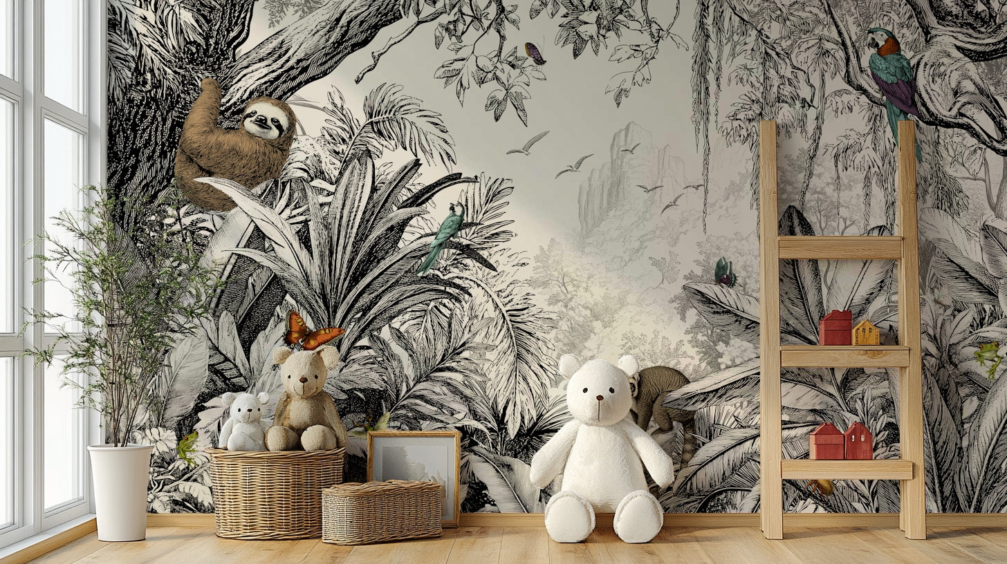 Bold black and off-white jungle mural for modern room decor.

