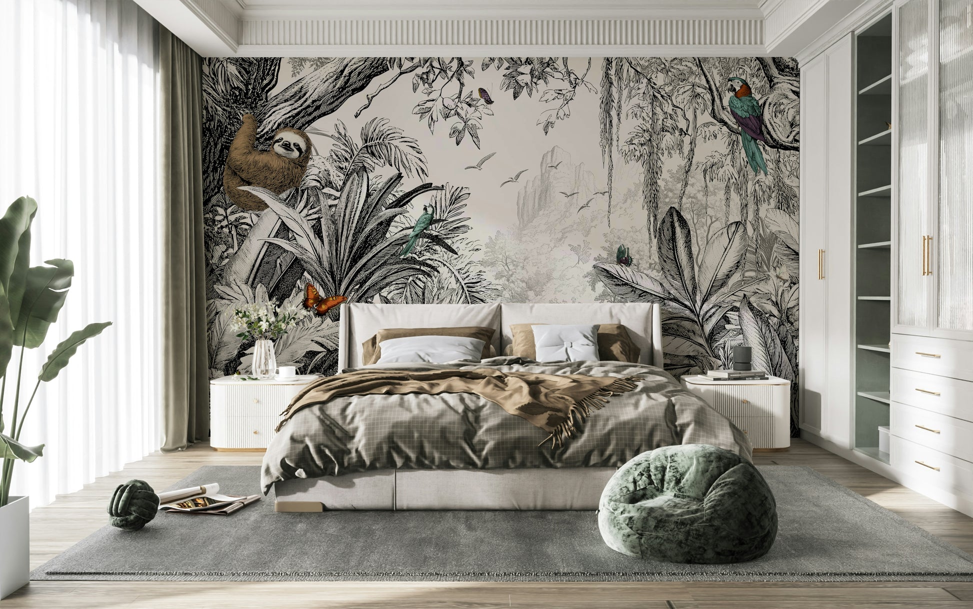 Jungle Vista mural with off-white and black tones for dramatic decor.

