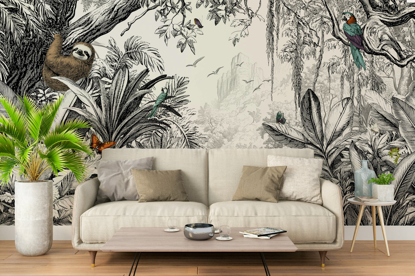 Stylish jungle wall mural in black and off-white for any room.

