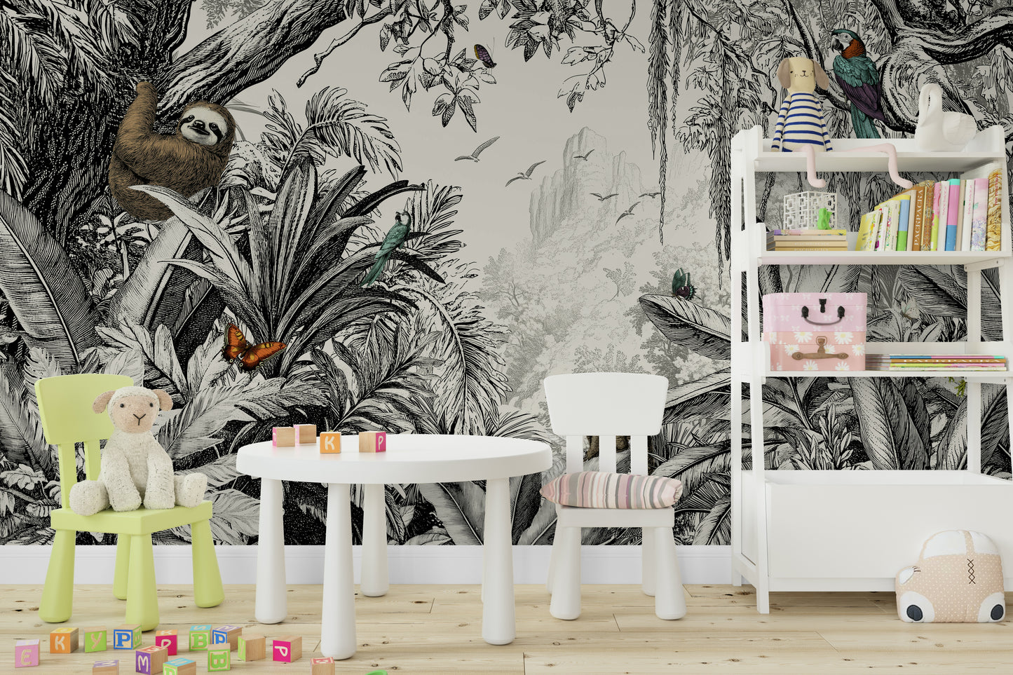 Monochrome jungle vista mural wallpaper with high-contrast design.

