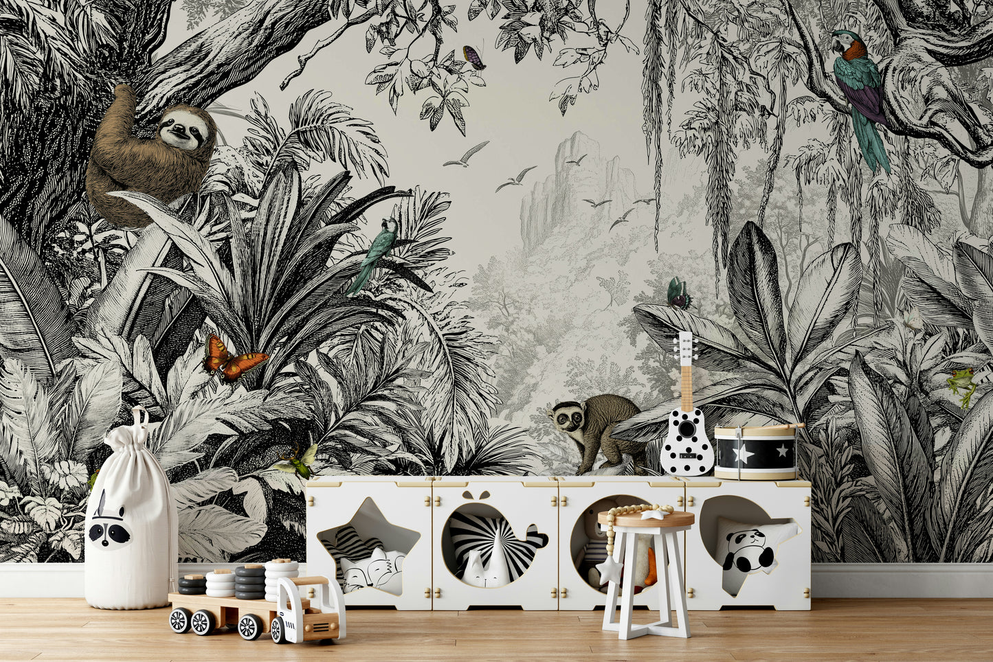 Jungle Vista - Black & Off-White Wall Mural with jungle foliage.

