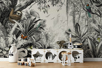 Jungle Vista - Black & Off-White Wall Mural with jungle foliage.

