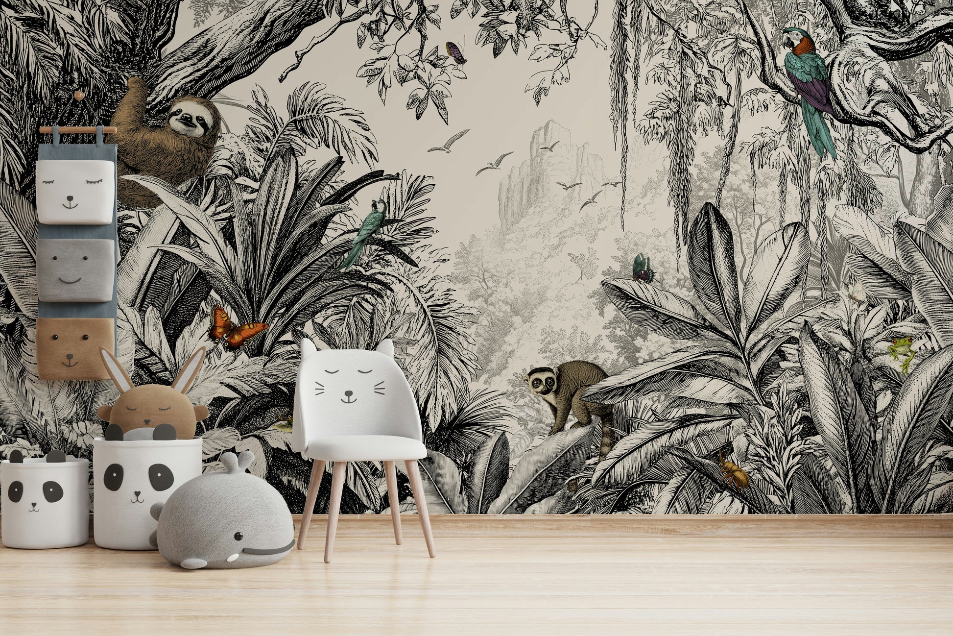 Black and off-white jungle mural for bold, modern interiors.

