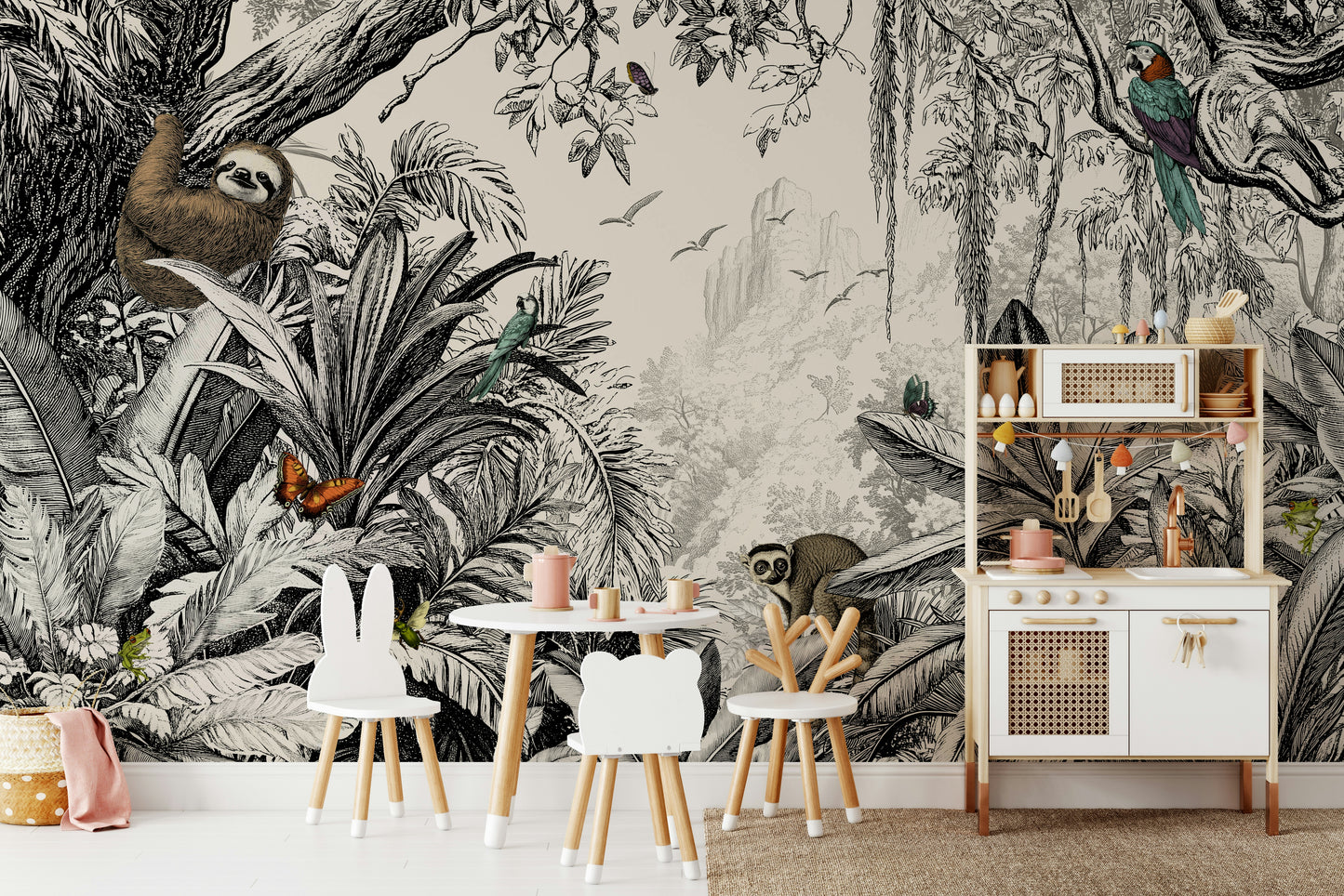 Monochrome jungle foliage mural for sophisticated home decor.


