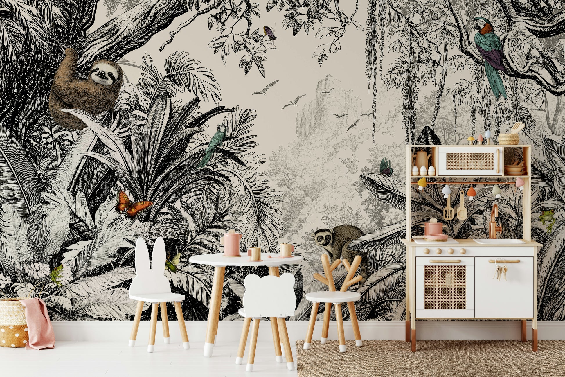 Monochrome jungle foliage mural for sophisticated home decor.

