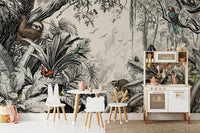 Monochrome jungle foliage mural for sophisticated home decor.

