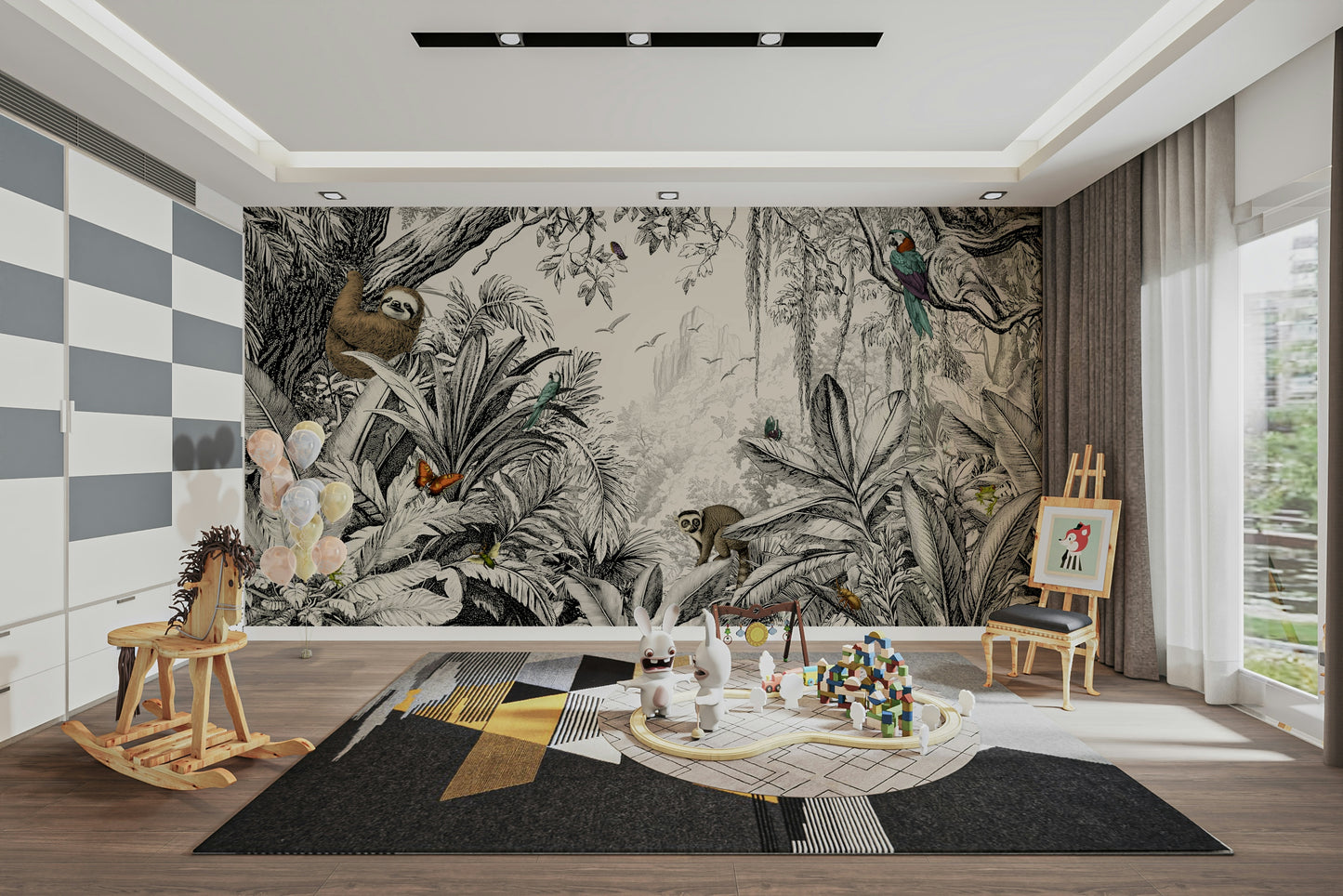 Jungle Vista wall mural with elegant black and off-white hues.


