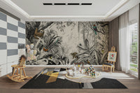 Jungle Vista wall mural with elegant black and off-white hues.

