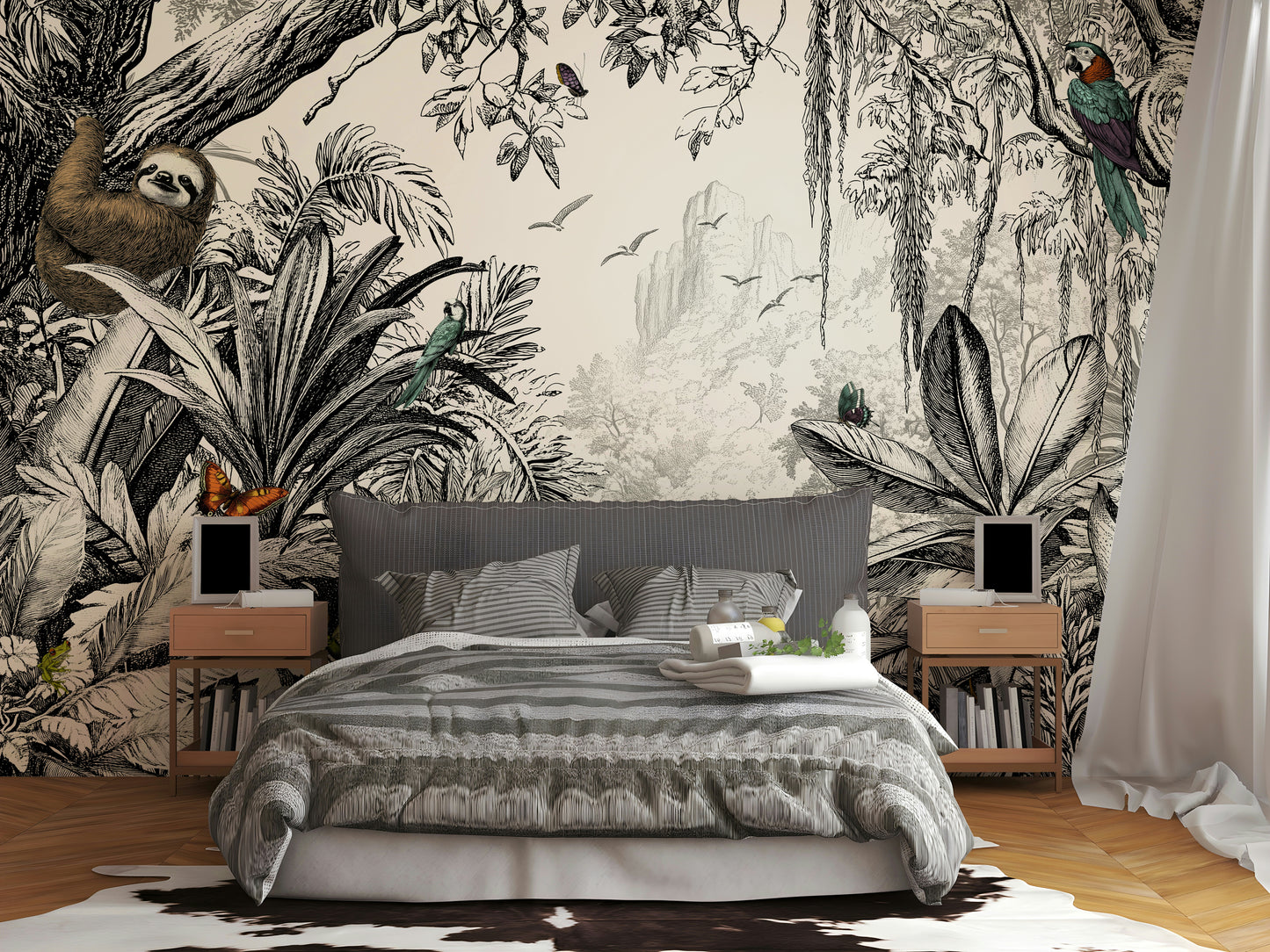 Elegant black and white jungle wall mural for contemporary spaces.

