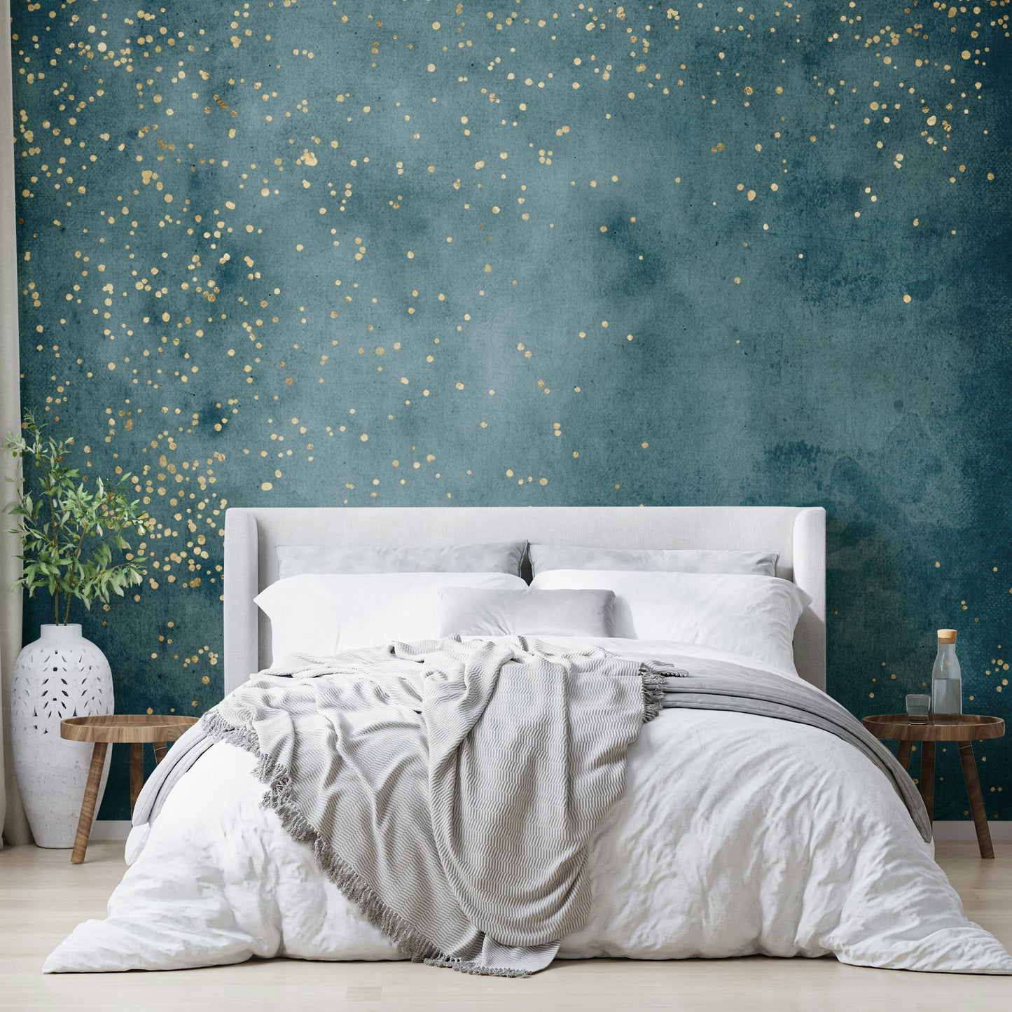 Serene sea blue and stardust wall mural for cosmic-inspired decor.

