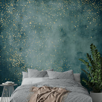 Celestial sea blue mural wallpaper with swirling cosmic elements.

