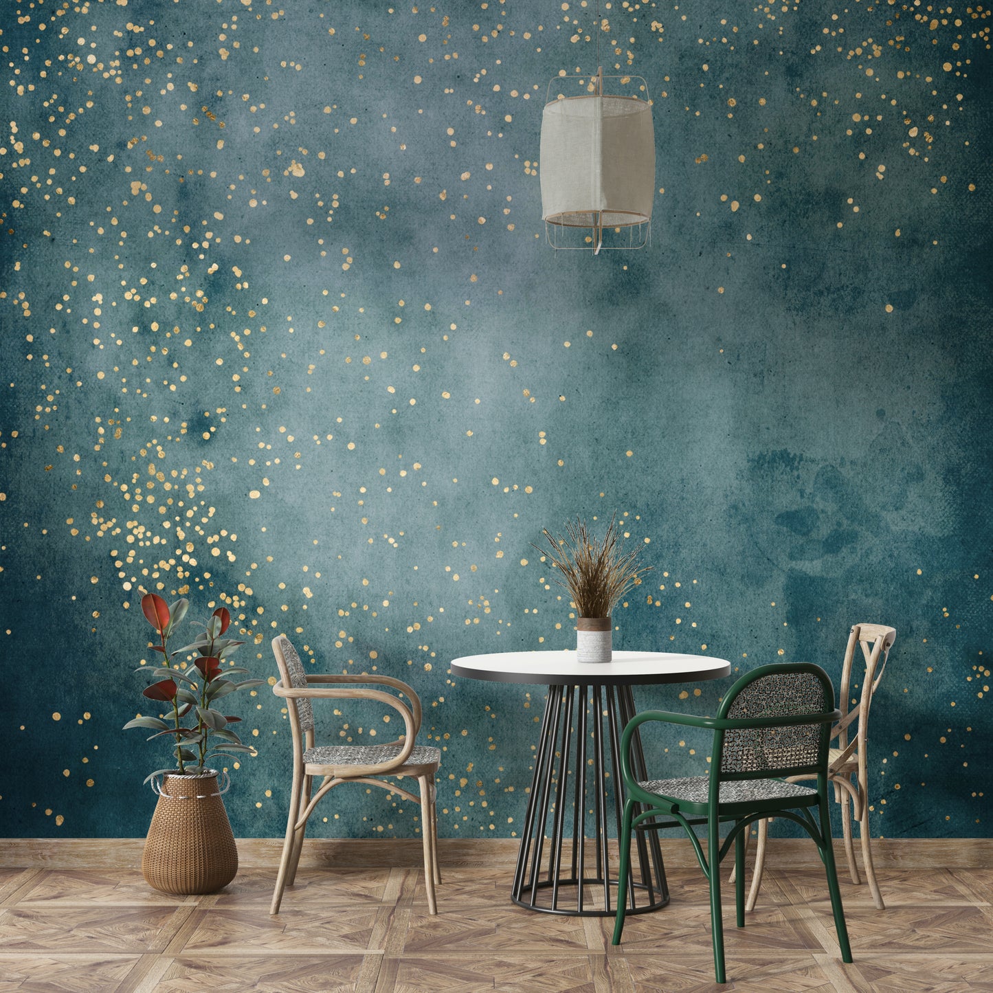 Soft blue and starry cosmic design mural for serene interiors.

