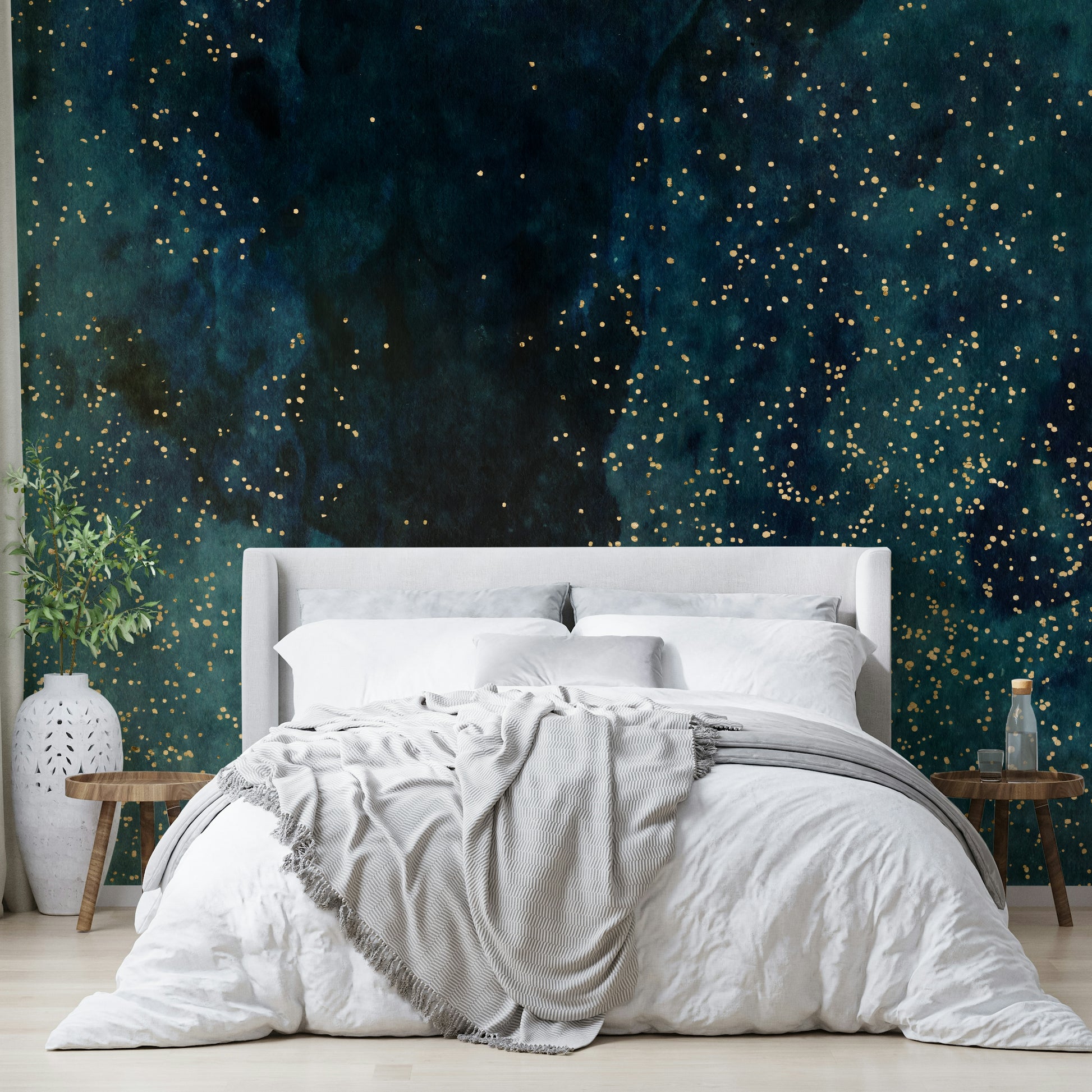 Deep petrol blue galaxy mural with stars for a cosmic room vibe.

