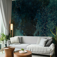 Petrol galaxy mural wallpaper with swirling blue hues and stars.


