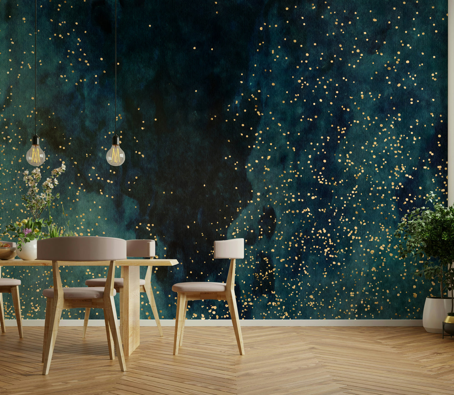 Petrol blue wall mural featuring a cosmic galaxy design.

