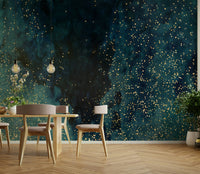 Petrol blue wall mural featuring a cosmic galaxy design.

