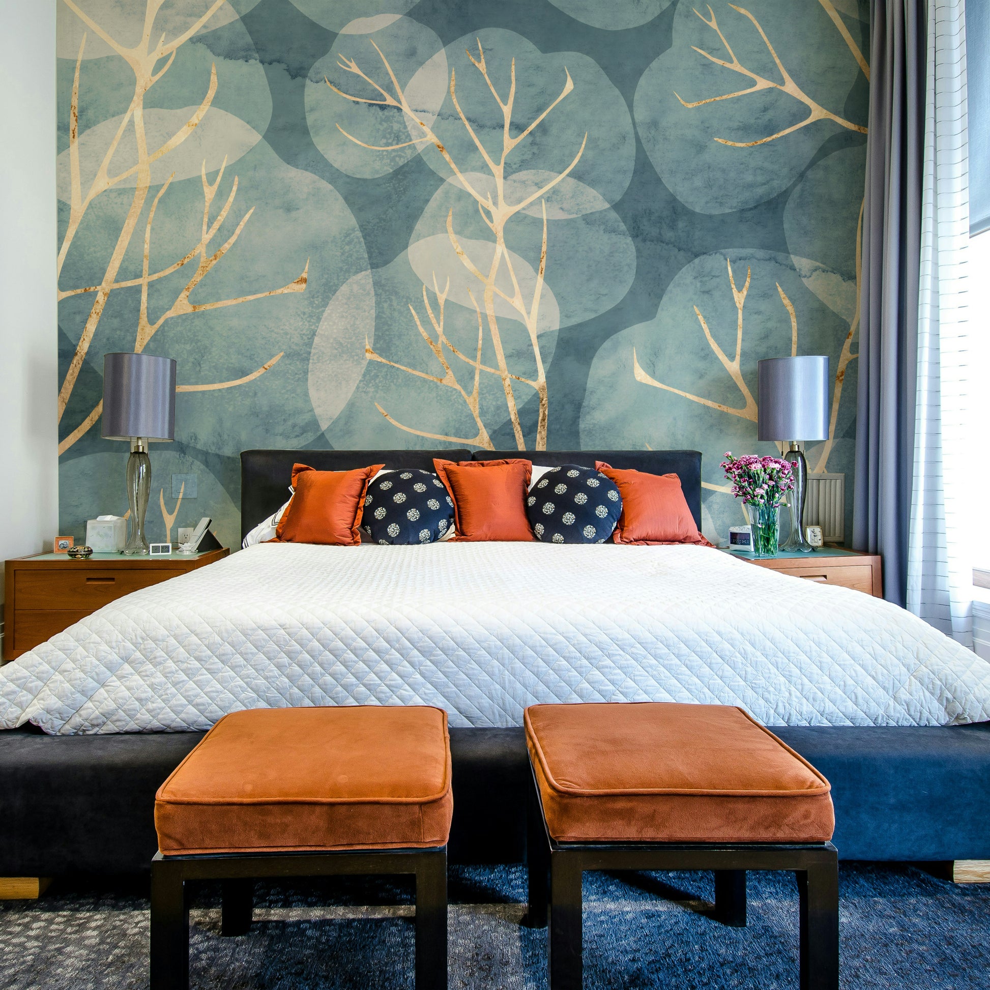 Elegant Midwinter leaf cyanotype mural for modern interiors.

