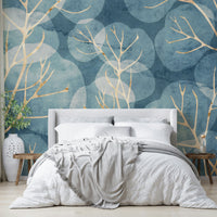 Nature-themed Midwinter leaf mural in calming cyanotype blue.

