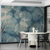 Cyanotype leaf design wall mural in blue for organic decor.

