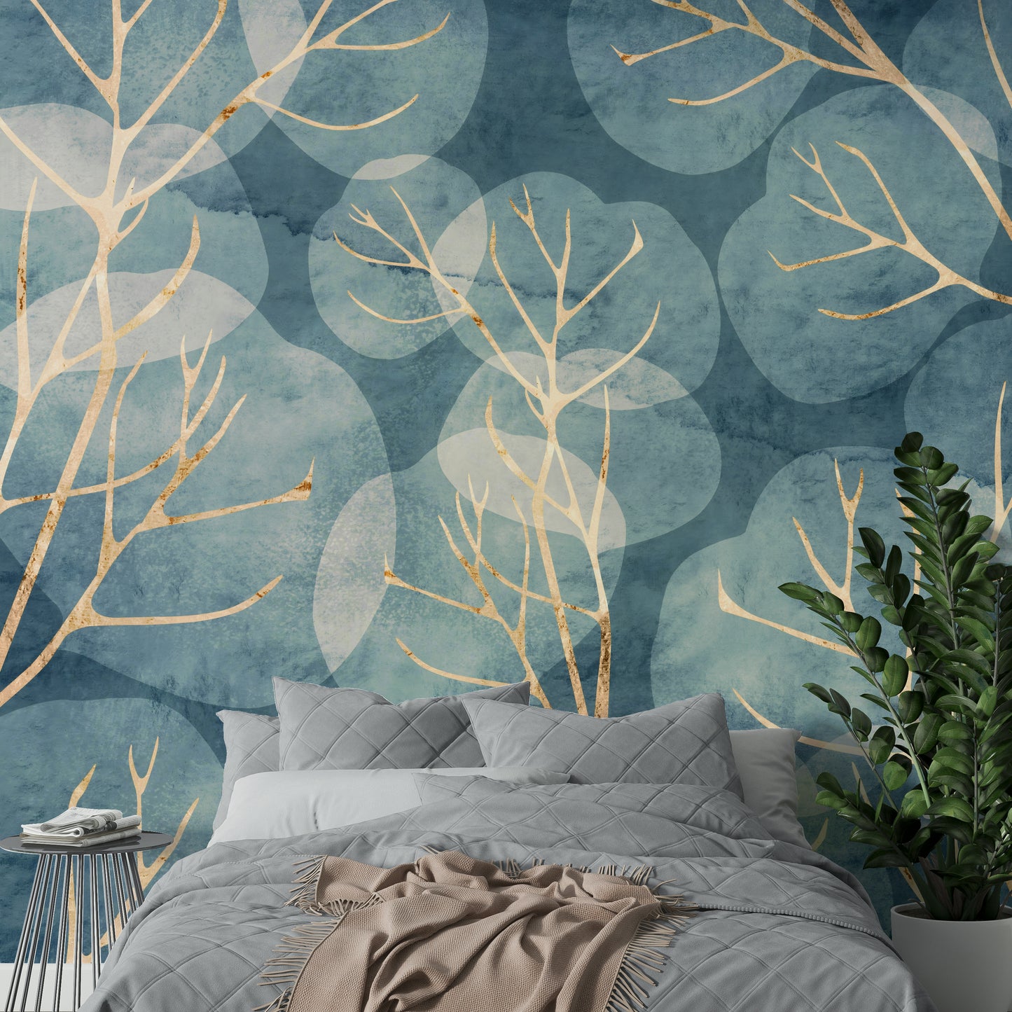 Intricate blue leaf patterns in cyanotype style for a calming effect.

