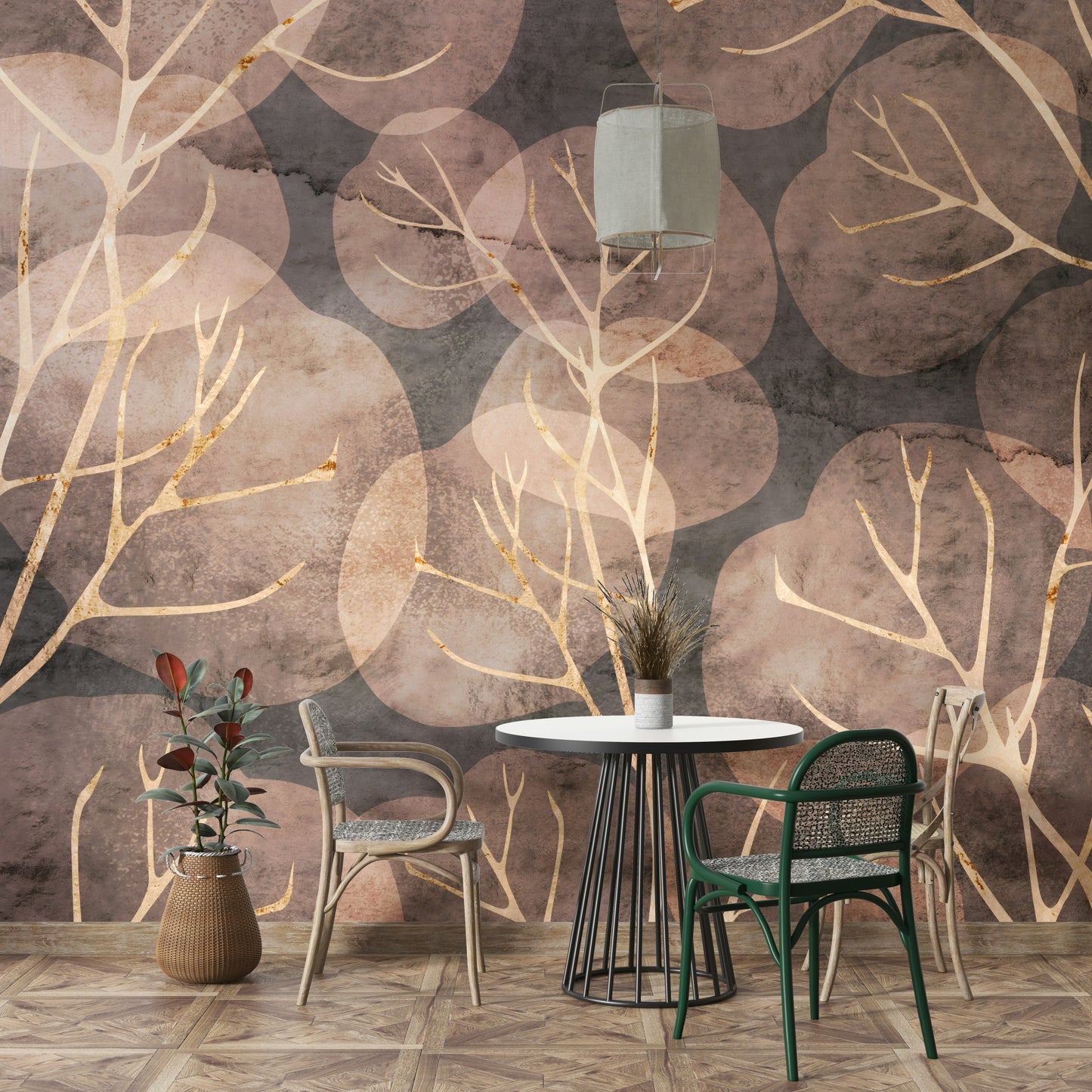 Detailed sepia-toned leaf mural wallpaper for organic rooms.

