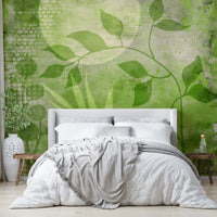 Textured mural with brushstroke and leaf-like patterns

