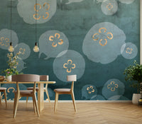 Soft watercolor jellyfish with gold details on deep blue background.


