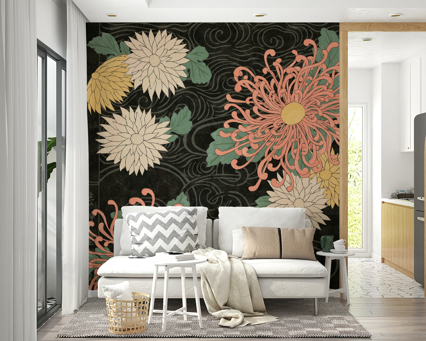 Midnight Chrysanthemums Japanese Print Wall Mural with floral design.

