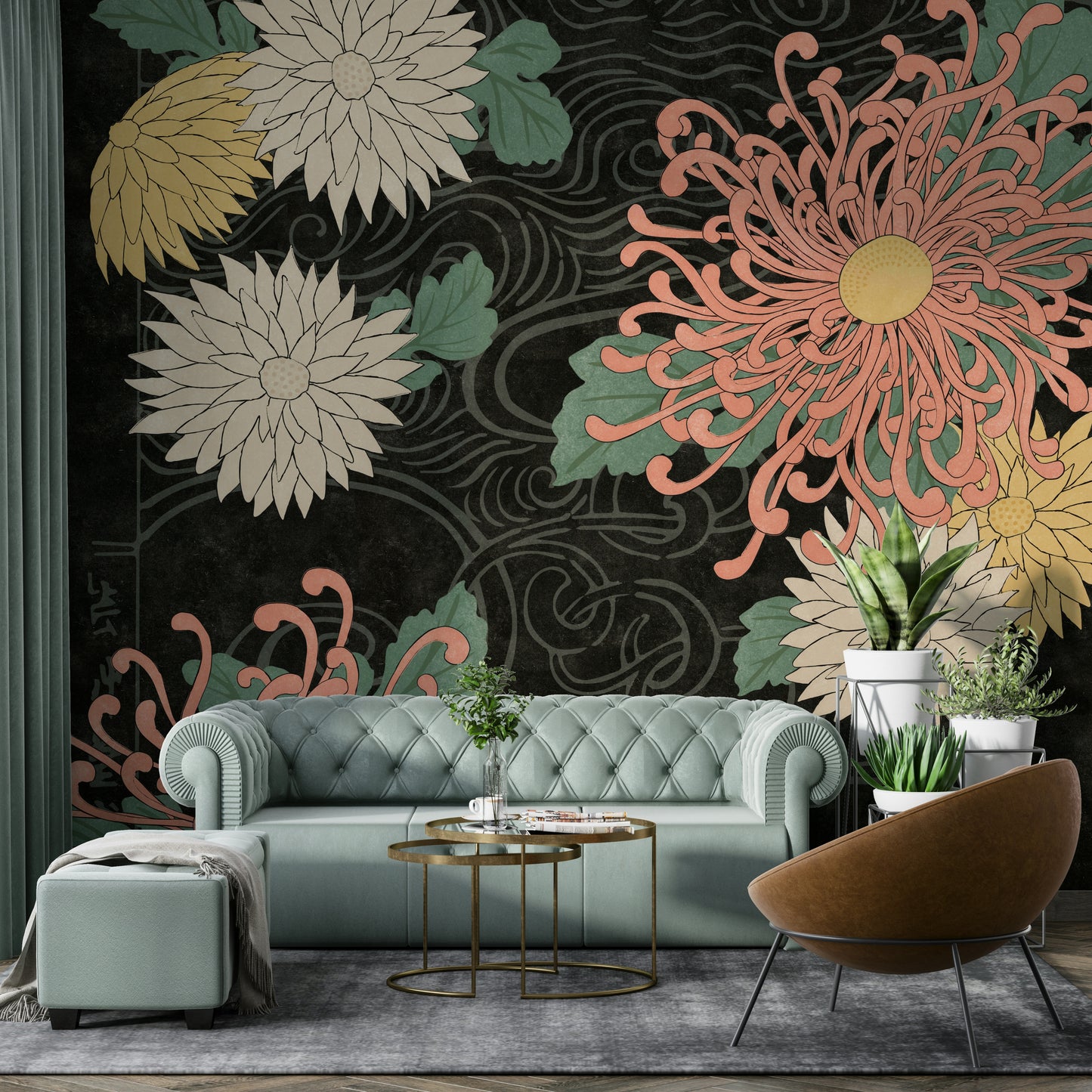 Traditional Japanese chrysanthemum wall mural for a timeless vibe.

