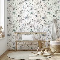 Wallpaper with a starry sky, planets, and constellations in vibrant hues.

