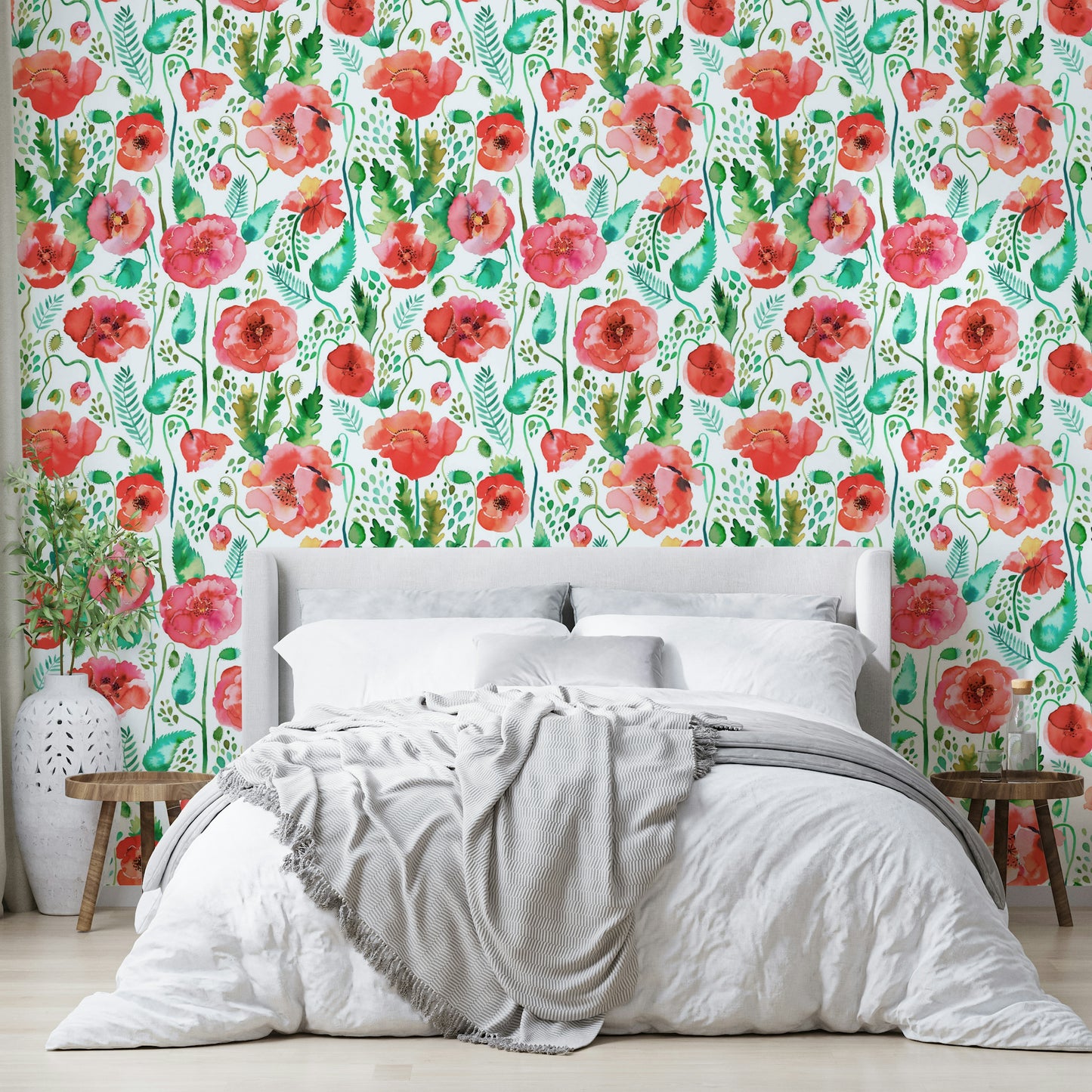 Floral watercolor wallpaper with red poppies and gentle green stems.

