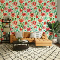 Watercolor poppy wallpaper for bringing a fresh, floral touch to your space.

