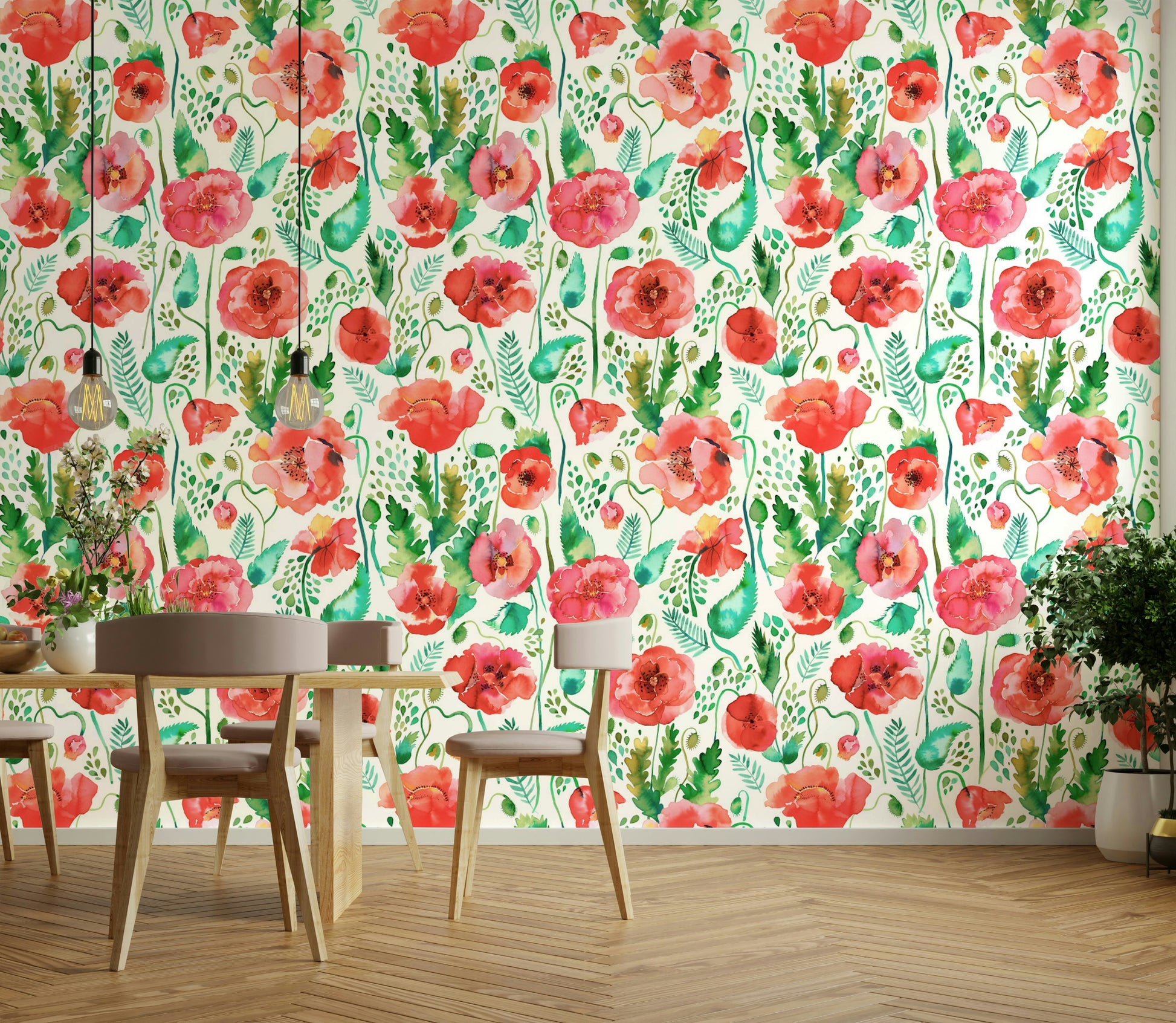 Wallpaper with delicate watercolor poppies and nature-inspired plants.

